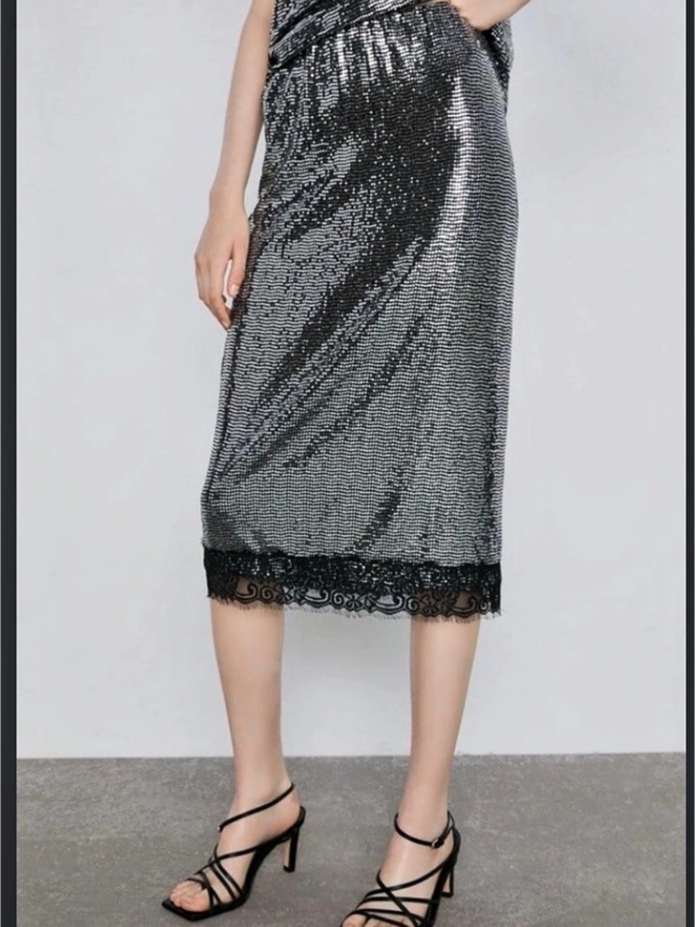 Zara ZW Collection Sequin Lace Skirt Black & Silver Midi